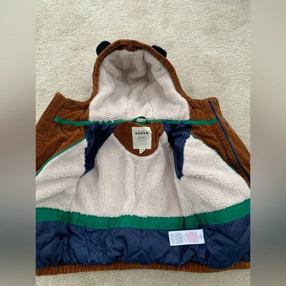 Mini Boden Size 18-24 Months Brown Corduroy Sherpa Lined Dog Hooded Puffer Coat - Picture 6 of 10